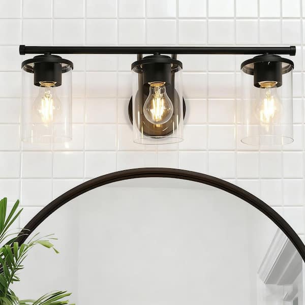Modern Matte Black Vanity Light 21.75 in. 3-Light Bathroom Powder Room Wall Light with Cylinder Clear Glass Shades