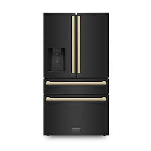 Autograph Edition 36 in. 4-Door French Door Refrigerator with Square Champagne Bronze Handles in Black Stainless Steel