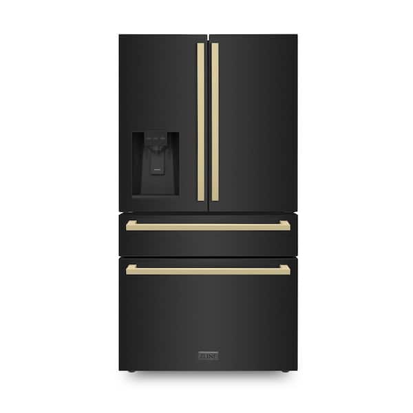 ZLINE Kitchen and Bath Autograph Edition 36 in. 4-Door French Door Refrigerator with Square Champagne Bronze Handles in Black Stainless Steel