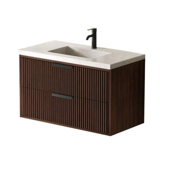 Avihome 36 in. Single Floating Dark Walnut Bath Vanity with Concrete Gray Cement Top Assembled