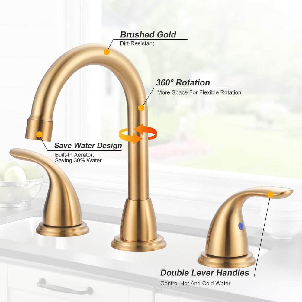 8 Inch Brushed Gold Double Handle Widespread Bathroom Faucet