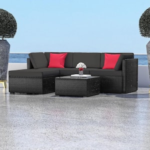 5-Piece Black Wicker Steel Outdoor Sectional Patio Furniture Corner Sofa Set and Coffee Table with Grey Cushions
