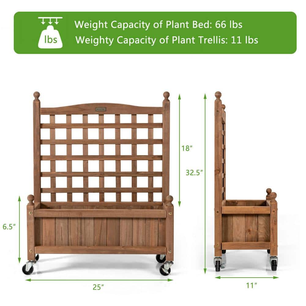 Natural Fir Wood Planter Box with Trellis and Wheels