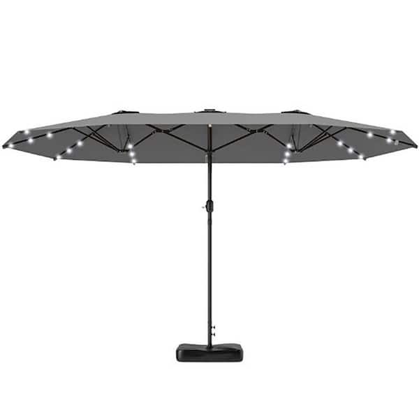 14.4 ft. Metal Market Patio Umbrella in Gray with Base, LED Solar Lights