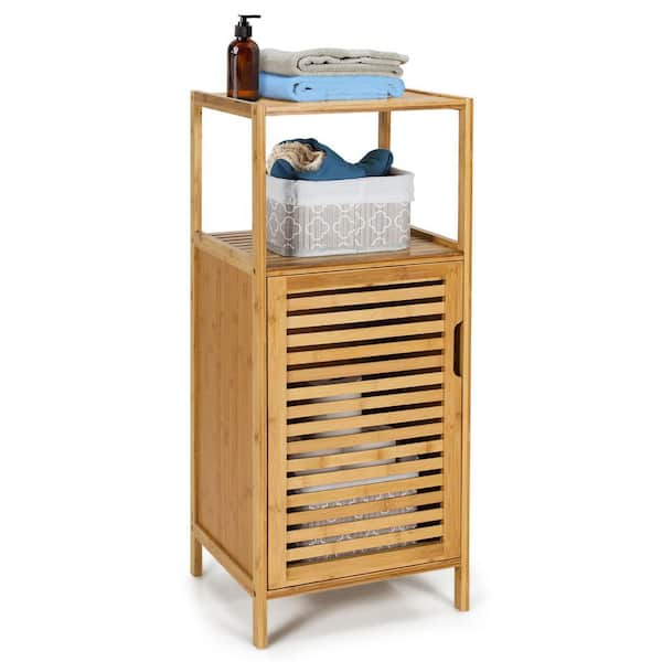 ANGELES HOME 13 in. W x 14.5 in. D x 34.5 in. H Natural Yellow Bamboo Bathroom Storage Floor Linen Cabinet with Door and Shel