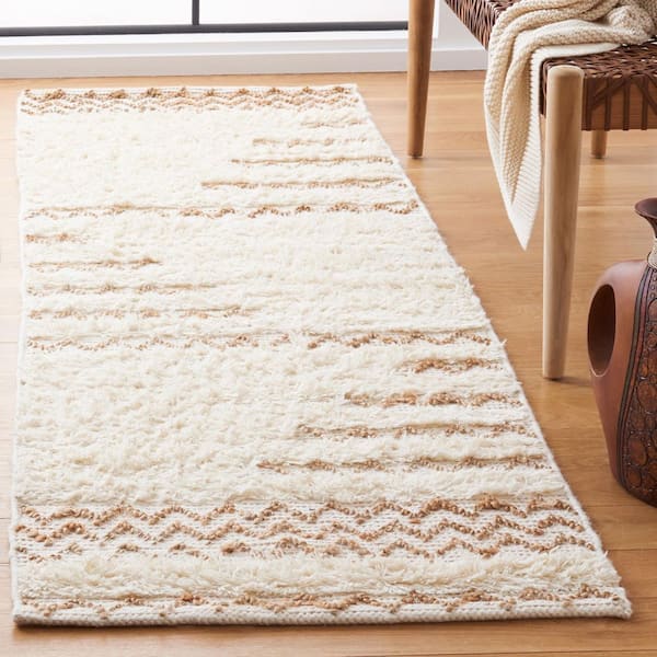 Natura 2 ft. x 12 ft. Ivory/Brown Chevron Flokati Runner Rug