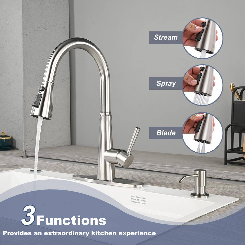 Brushed Nickel Stainless Steel Pull Down Kitchen Faucet with Soap Dispenser