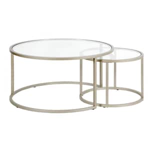 Watson 35 in. Satin Nickel Round Glass Top Coffee Table with 2 Nested Tables
