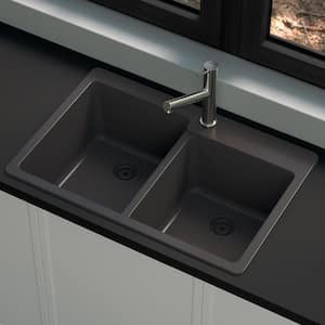 Stonehaven 33 in. Drop-In 60/40 Double Bowl Black Onyx Granite Composite Kitchen Sink with Black Strainer