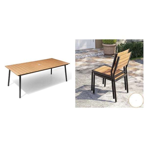 82.7 in. Brown Dining Table with Wood-Like Top and Brown Stackable Dining Chairs (Set of 6)