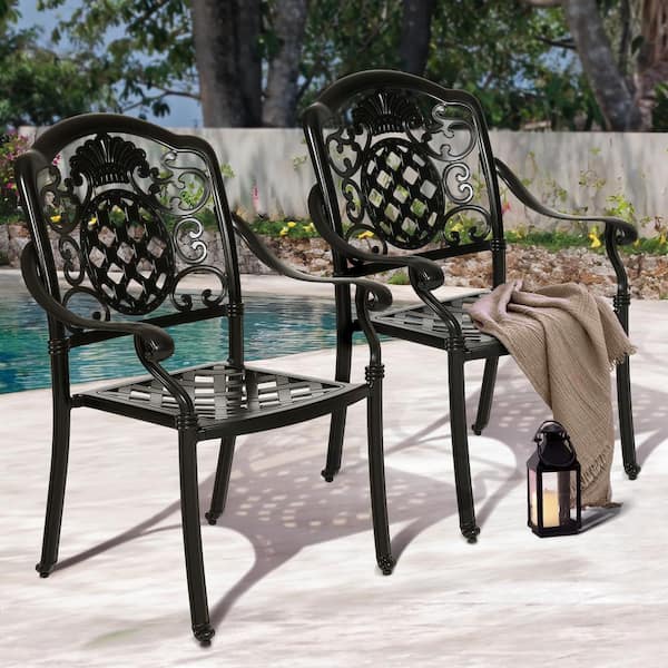 DEXTRUS Patio Outdoor Cast Aluminum Dining Chairs with Ergonomic Armrest and Adjustable Foot Pads for Garden (2-Pack)