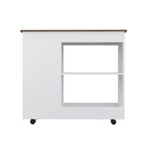 White MDF Wood Kitchen Cart with 2-Storage Shelves, 3-Side Shelves 4-Casters