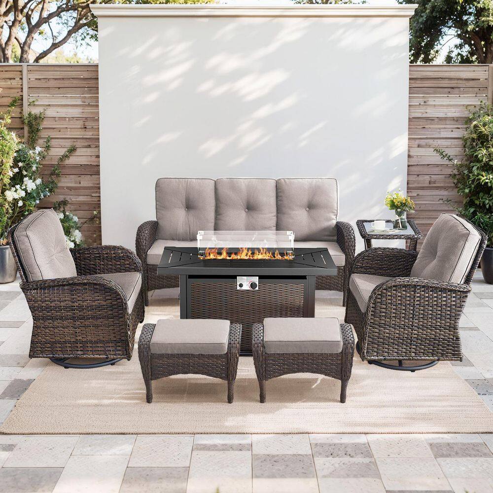 SleekArm 7-Piece Brown Wicker Fire Pit Conversation Set with Olefin Beige Cushions and Patio Swivel Chairs price history on PriceWatchPro