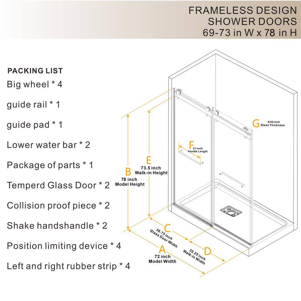 73 in Brushed Silver Frameless Double Sliding Shower Door