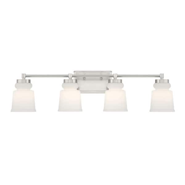 32 in. W x 8.5 in. H 4-Light Brushed Nickel Bathroom Vanity Light with Frosted Glass Shades