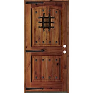 30 in. x 80 in. Mediterranean Knotty Alder Arch Top Red Chestnut Stain Left-Hand Inswing Wood Single Prehung Front Door