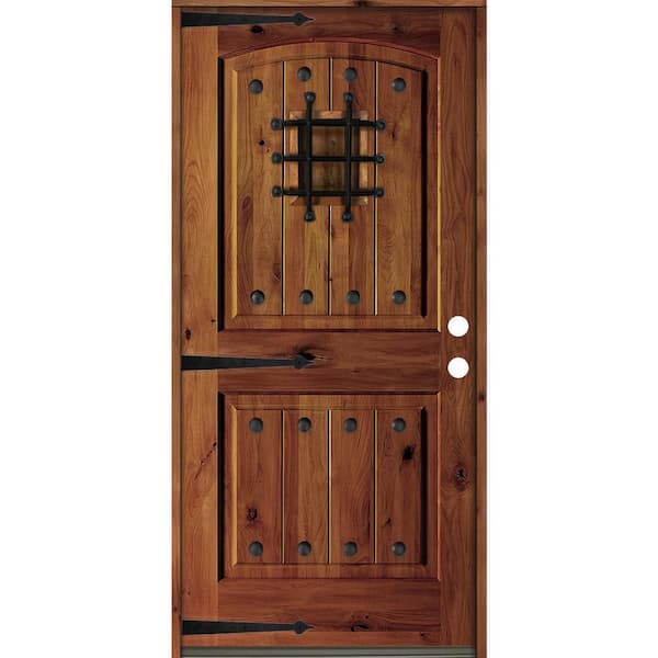 Krosswood Doors 30 in. x 80 in. Mediterranean Knotty Alder Arch Top Red Chestnut Stain Left-Hand Inswing Wood Single Prehung Front Door