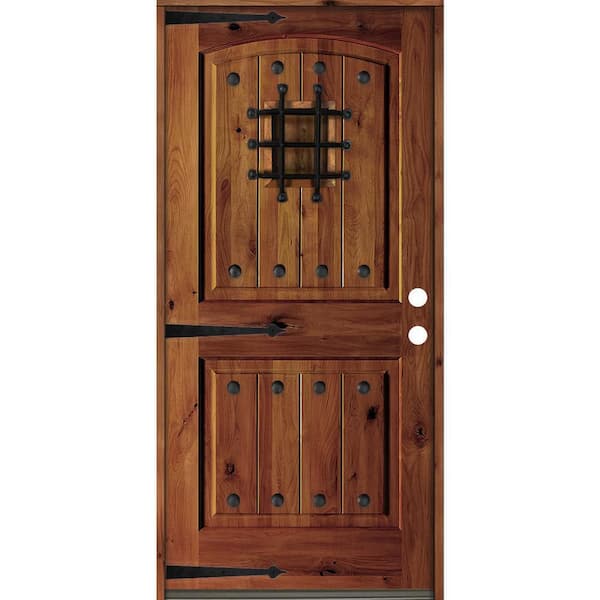 Krosswood Doors 36 in. x 80 in. Mediterranean Knotty Alder Arch Top Red Chestnut Stain Left-Hand Inswing Wood Single Prehung Front Door