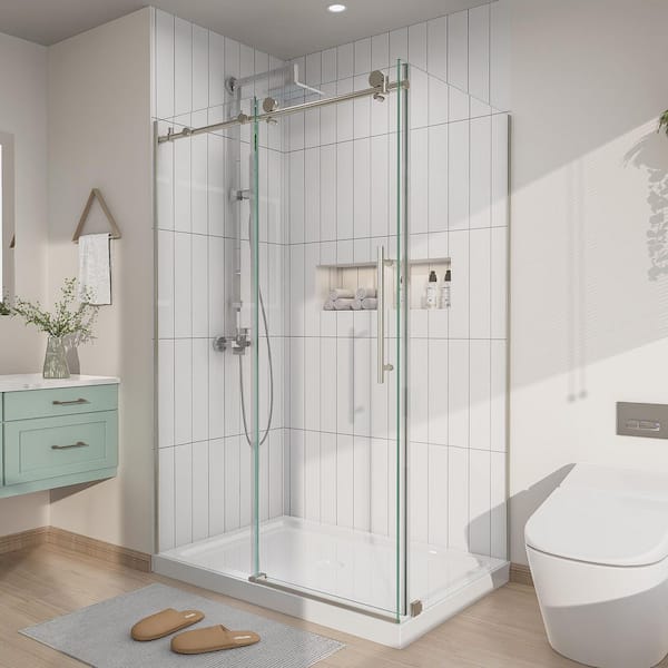 Modern 44-48 in. W x 32.25 in. D x 72 in. H Frameless Corner Sliding Shower Door Enclosure in Brushed Nickel Clear Glass