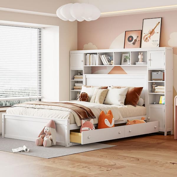 White Pine Wood Frame Queen Platform Bed with All-in-One Cabinet, Shelf and Sockets