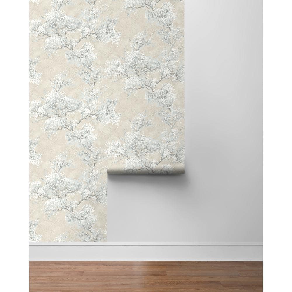 Parchment & Morning Fog Vinyl Floral Peel and Stick Wallpaper