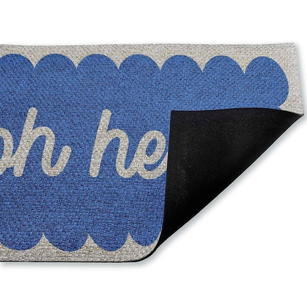 Oh Hello Blue Greeting Blue 18 in. x 30 in. Polyester Non-Slip Outdoor Door Mat