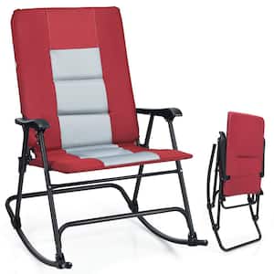 Red Steel Outdoor Rocking Chair Foldable Padded Camping Chair with Backrest and Armrest
