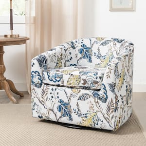 Floral Printed Fabric Upholstered Swivel Barrel Chair Accent Chair with Metal Base