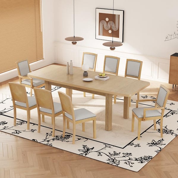 Harper & Bright Designs Rustic 9-Piece Natural Extendable Rectangle Wood Top Dining Set with 24 in. Removable Leaf and 8 Upholstered Chairs