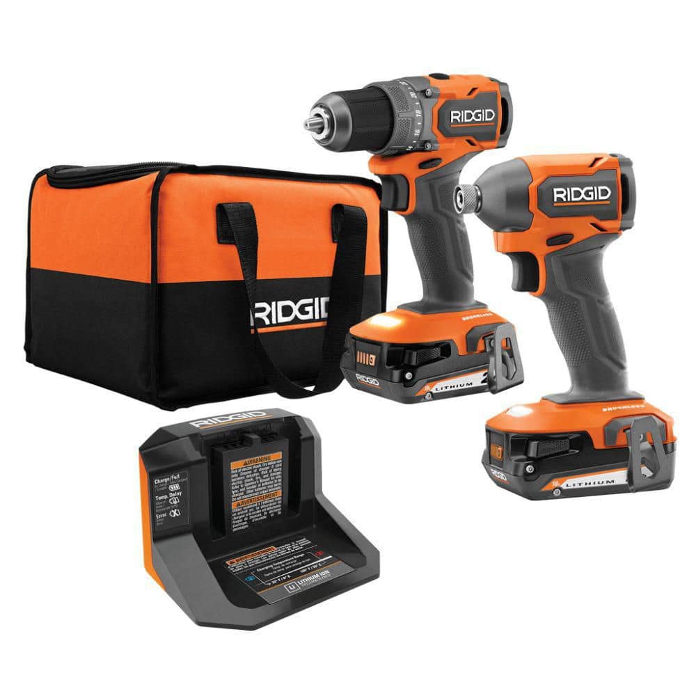 RIDGID 18V SubCompact Brushless 2-Tool Combo Kit with Drill/Driver, Impact Driver, (2) 2.0 Ah Batteries, Charger, and Tool Bag (R97801)