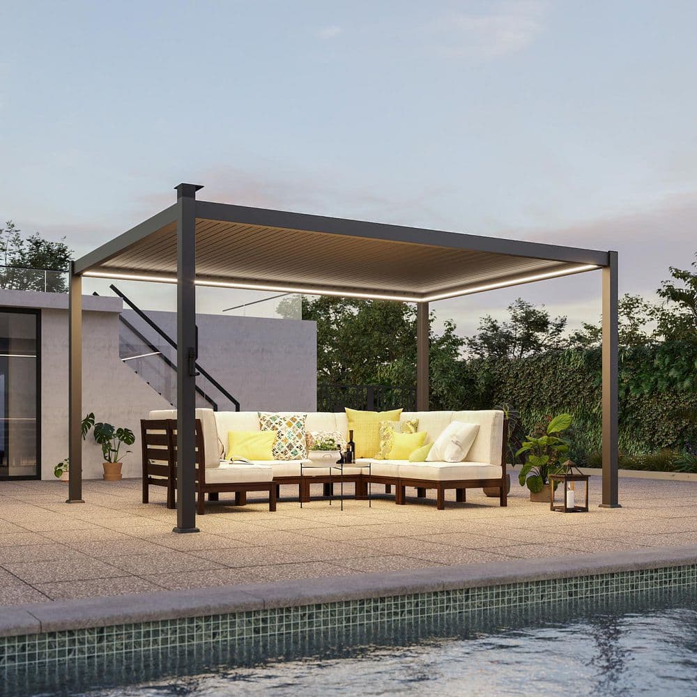 Sonkuki 10 ft. x 13 ft. Gray Metal Louvered Patio Pergola with