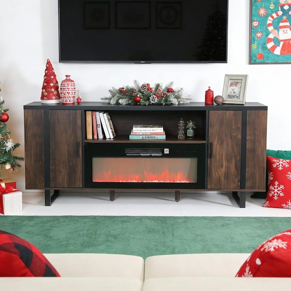 72 in. Black Freestanding Fireplace TV Stand Fits Up to 65 in. with Storage Cabinets