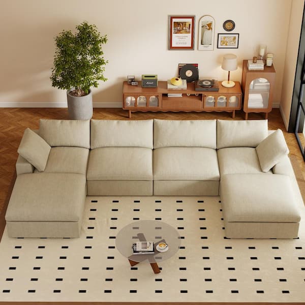 160.6 in. W Square Arm Linen U-Shaped 6-Pieces Modular Free Combination Sofa with Storage Ottoman in Brown