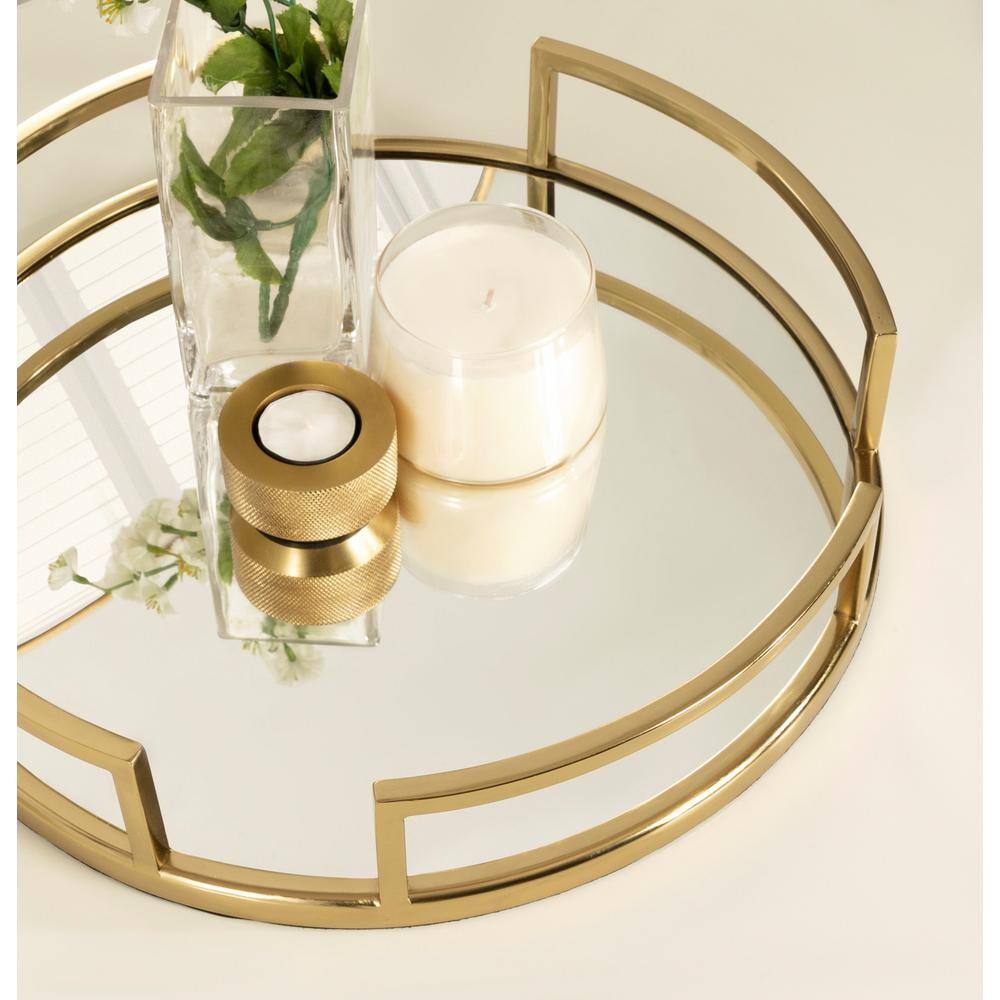 Gohana Gold Round Glass Mirrored Tray with Handles
