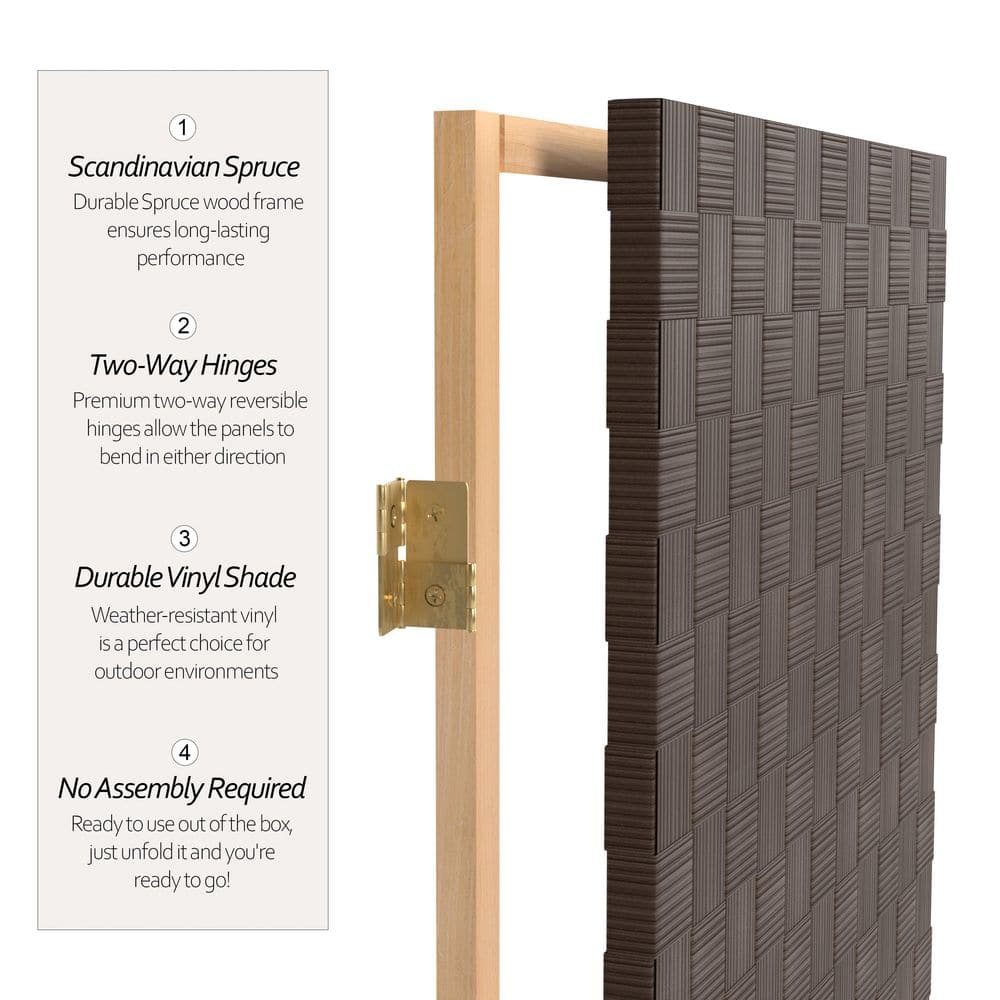 Dark Brown Vinyl Folding Floor Screen with Spruce Wood Frame