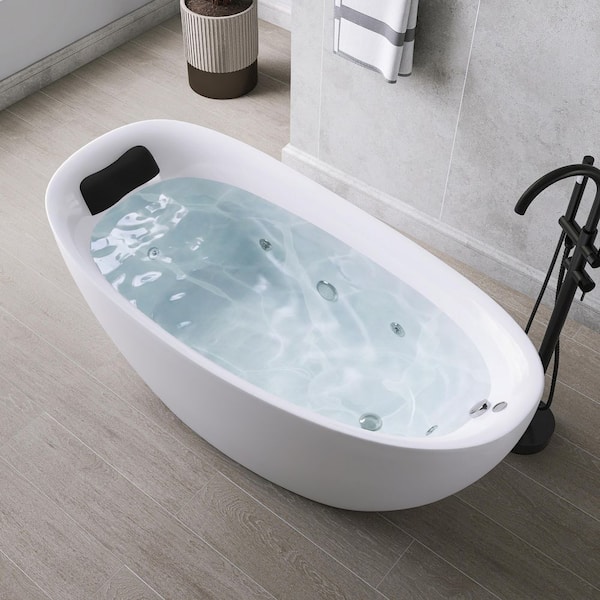 71 in. x 31.5 in. Acrylic Flatbottom Freestanding Whirlpool Bathtub in White with Removable Black Gel Pillows