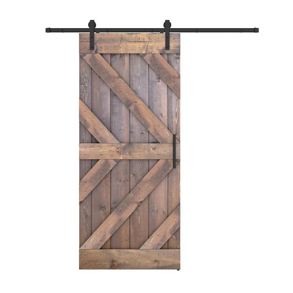 Dessliy Triple KR 42 in. x 84 in. Briar Smoke Finished Pine Wood Sliding Barn Door with Hardware Kit (DIY)