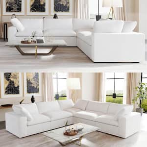 120.45 in. Free Combination Large 5-Seat L-shape Corner Modular Linen Down Upholstered Sectional Sofa with Ottoman,White