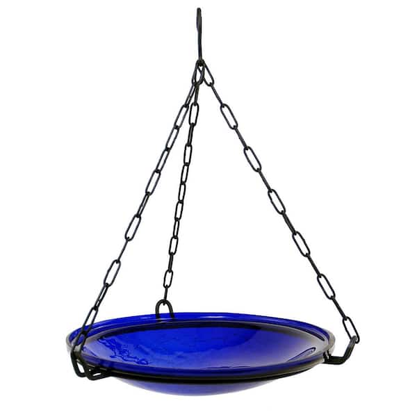 Reflective Crackle Glass Hanging Birdbath Bowl, 14 in. dia. Cobalt Blue