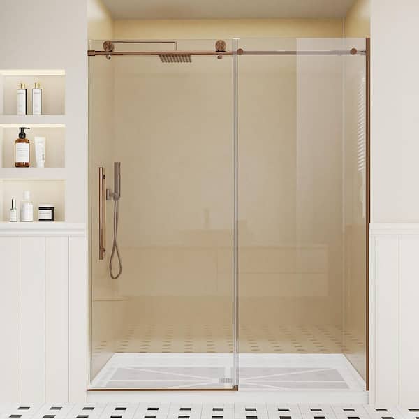 56 in. to 60 in. W x 75 in. H Single Sliding Frameless Shower Door in Brushed Bronze with Nano Tempered Glass