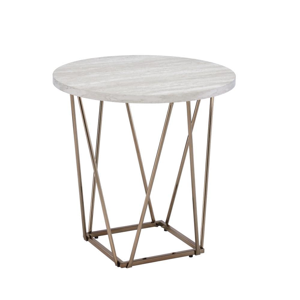 Champagne Gold and White Oval Coffee Table with Faux Marble Top
