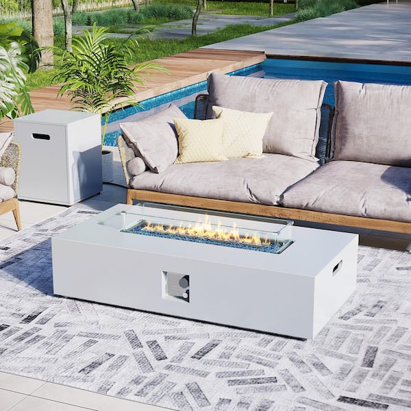 56 in. Outdoor Rectangular Iron White Fire Pit Table with Propane Tank Holder and Glass Wind Guard