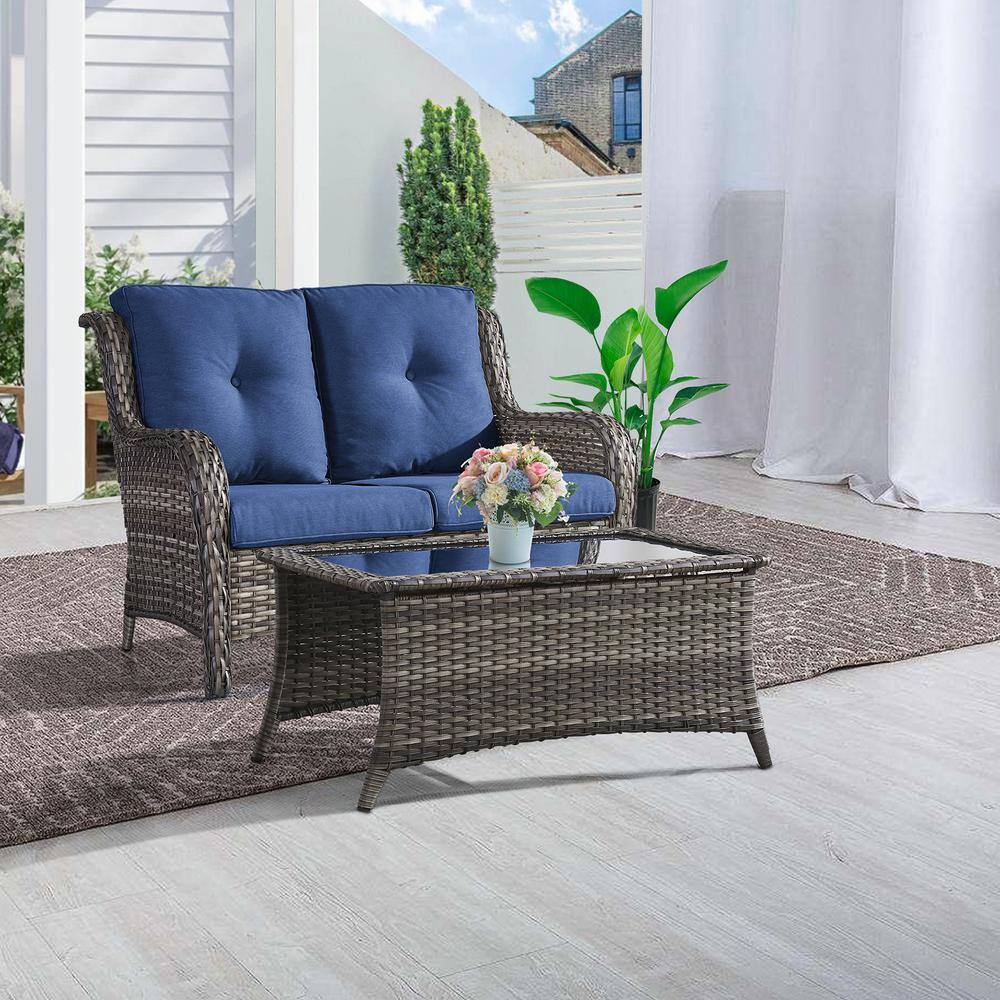 ArcoBay 2-Piece Gray Wicker Outdoor Loveseats Patio Conversation Set with Blue Cushions and Coffee Table price history on PriceWatchPro