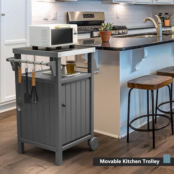 Runesay Gray Grill Cart Kitchen Island Cart Grill Table for BBQ, Patio Cabinet with Wheels, Hooks and Side Shelf