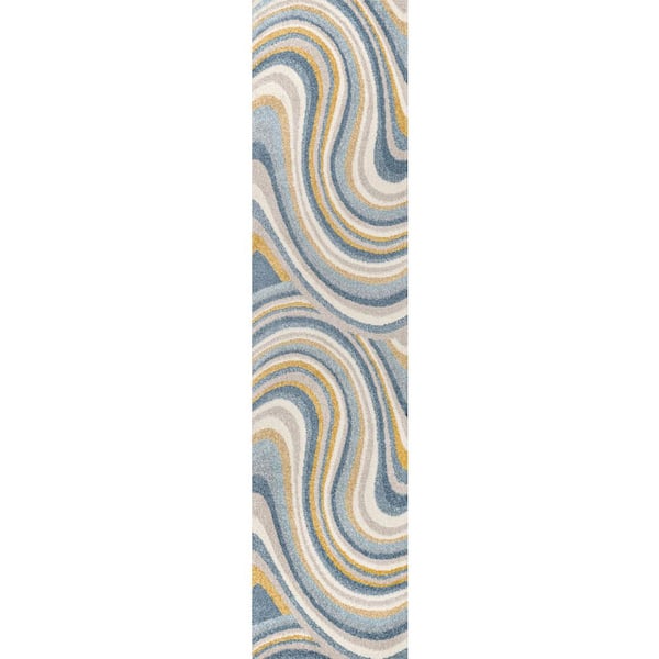 Flow Abstract Swirl Blue/Mustard/Gray 2 ft. x 8 ft. Runner Rug