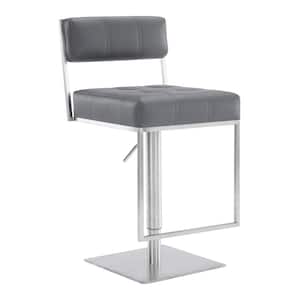 Blossom Contemporary Adjustable 35-44 in. Swivel Bar Stool in Brushed Stainless Steel and Grey Faux Leather