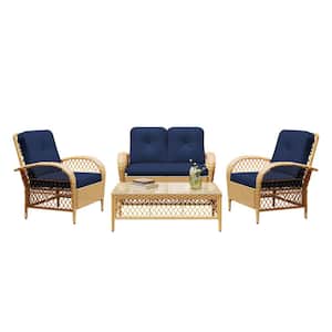 4--Piece Beige Wicker Patio Conversation Seating Set with Navy Blue Cushions and Coffee Table