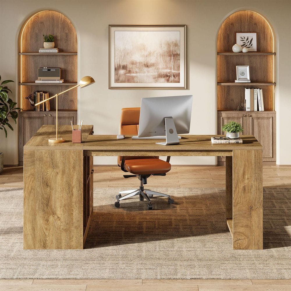Lanita 63 in. L-Shaped Brown Wood 2-Drawer Executive Office Desk, Large Computer Desk with File Cabinets and Shelves