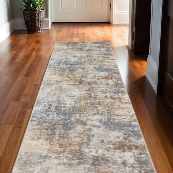 2 ft. x 12 ft. White Abstract WashableArea Rug