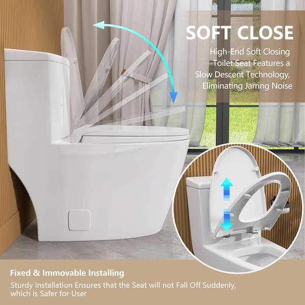 Top 1-Piece Toilet 1.1/1.6 GPF Dual Flush Compact Elongated Toilet in Glossy White Soft Close Seat Included